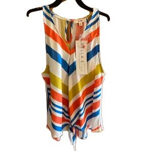 NWT Sleeveless Top Womens Multicolor Rainbow Striped Keyhole High Neck Tie Front